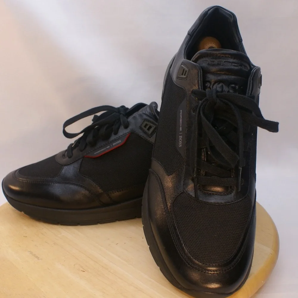 Hugo Boss x Porsche Mens 10.5 Black Leather Textile Low Top Trainers Designer
